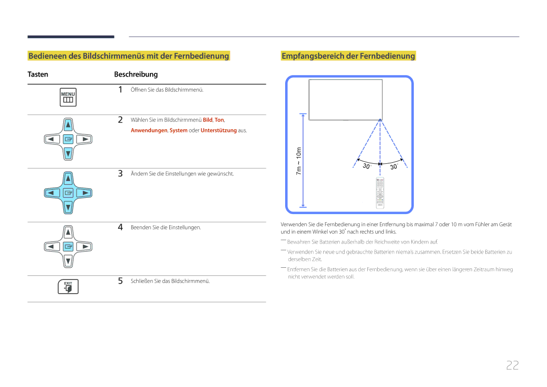 Samsung LH75EDCPLBC/EN manual Bedieneen des Bildschirmmenüs mit der Fernbedienung, Empfangsbereich der Fernbedienung 