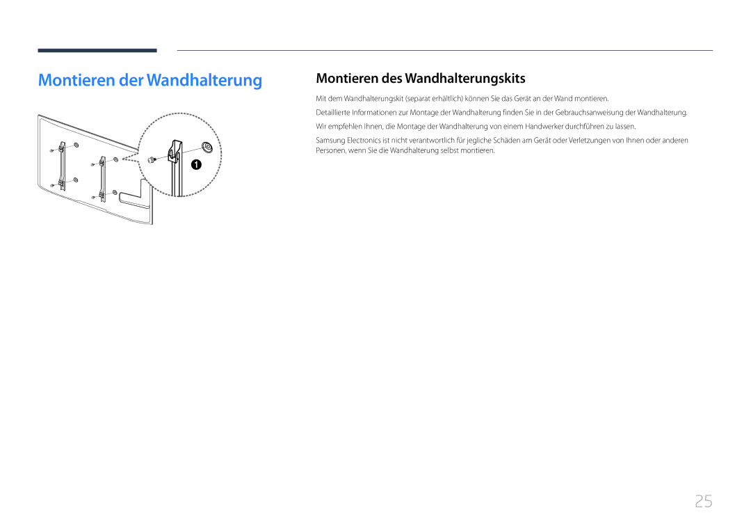 Samsung LH65EDCPLBC/EN, LH75EDCPLBC/EN manual Montieren der Wandhalterung, Montieren des Wandhalterungskits 