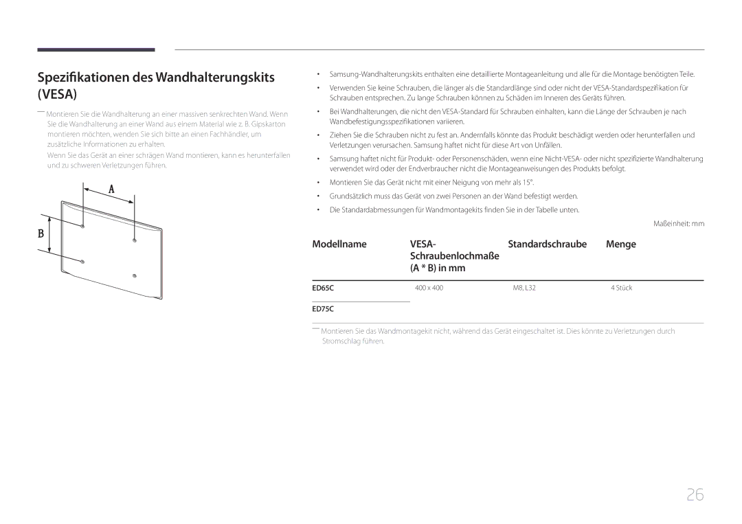 Samsung LH75EDCPLBC/EN, LH65EDCPLBC/EN manual Spezifikationen des Wandhalterungskits Vesa, Standardschraube 