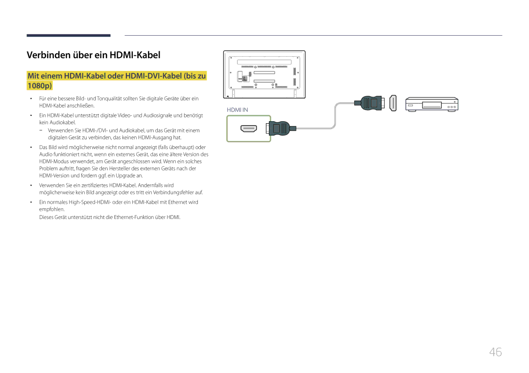 Samsung LH75EDCPLBC/EN manual Verbinden über ein HDMI-Kabel, Mit einem HDMI-Kabel oder HDMI-DVI-Kabel bis zu 1080p 