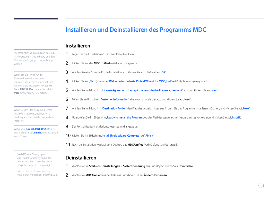Samsung LH75EDCPLBC/EN, LH65EDCPLBC/EN manual Installieren und Deinstallieren des Programms MDC 