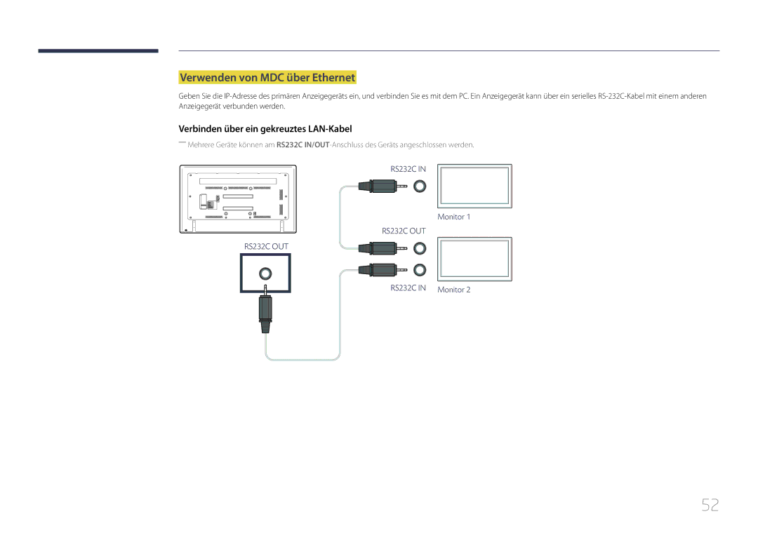 Samsung LH75EDCPLBC/EN, LH65EDCPLBC/EN manual Verwenden von MDC über Ethernet, Verbinden über ein gekreuztes LAN-Kabel 