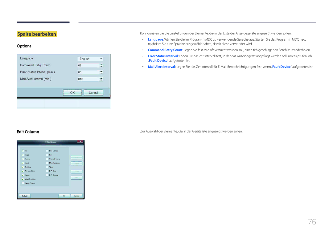 Samsung LH75EDCPLBC/EN, LH65EDCPLBC/EN manual Spalte bearbeiten, Options Edit Column 