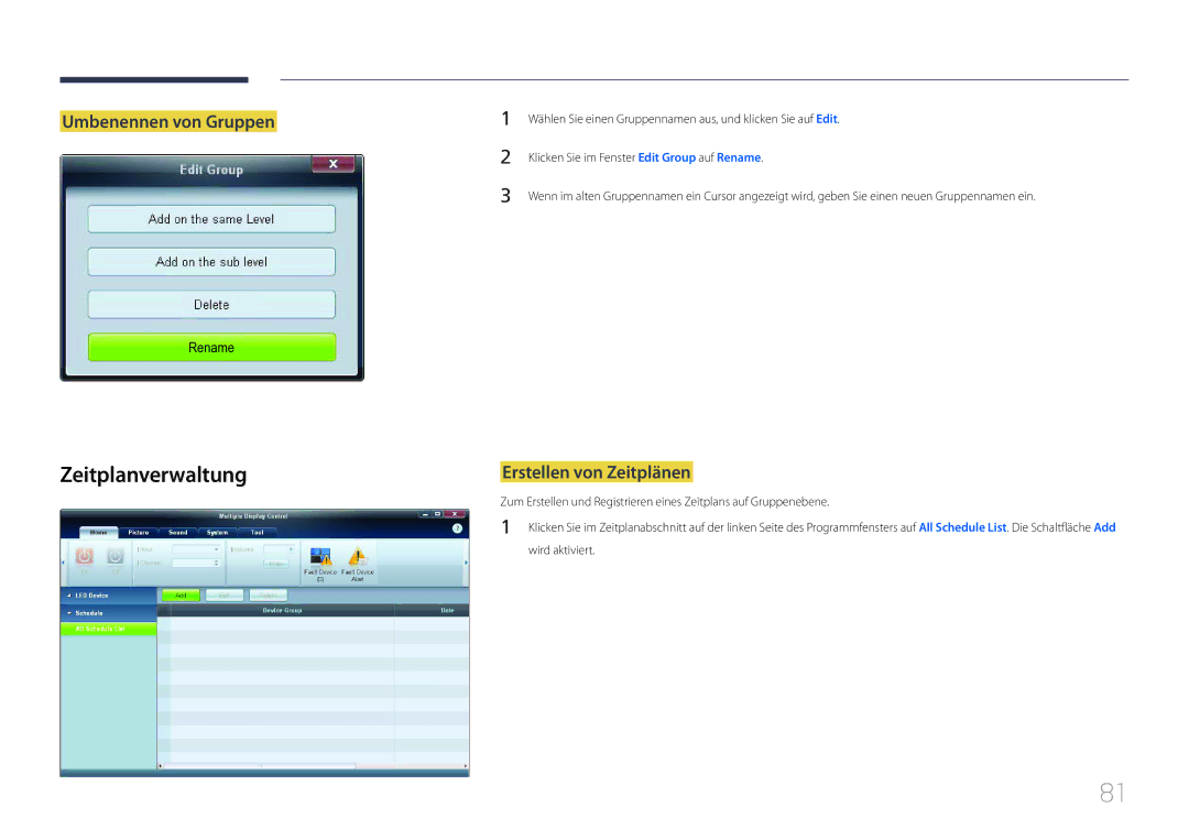 Samsung LH65EDCPLBC/EN, LH75EDCPLBC/EN manual Zeitplanverwaltung, Umbenennen von Gruppen, Erstellen von Zeitplänen 