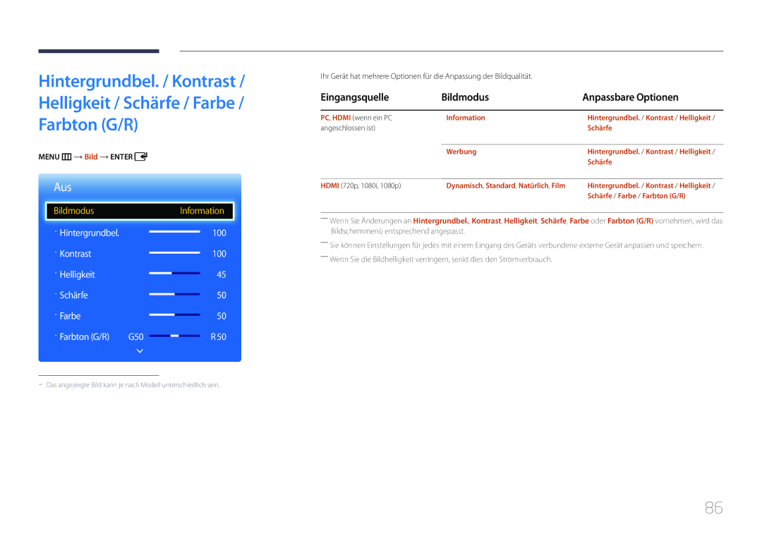 Samsung LH75EDCPLBC/EN, LH65EDCPLBC/EN manual Eingangsquelle Bildmodus Anpassbare Optionen, Menu m Bild Enter 