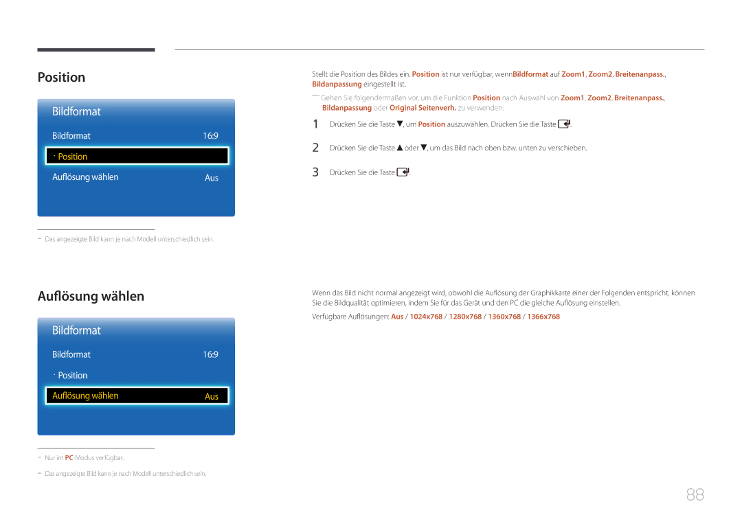 Samsung LH75EDCPLBC/EN, LH65EDCPLBC/EN manual Auflösung wählen, Bildformat 169 · Position 
