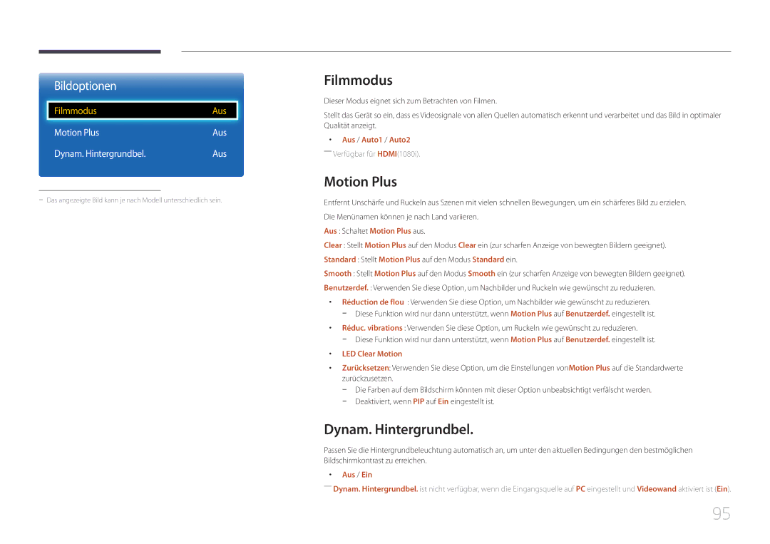 Samsung LH65EDCPLBC/EN, LH75EDCPLBC/EN manual Filmmodus, Motion Plus Aus Dynam. Hintergrundbel 