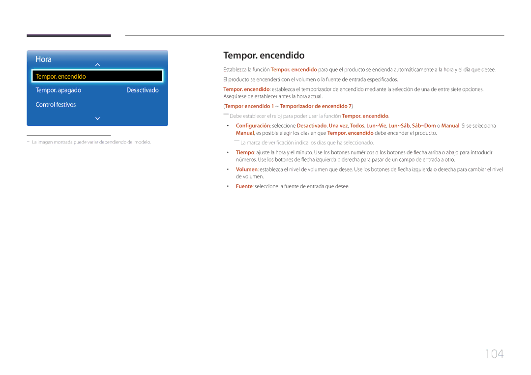 Samsung LH75EDCPLBC/EN, LH65EDCPLBC/EN manual 104, Tempor. encendido, Tempor. apagado, Control festivos 