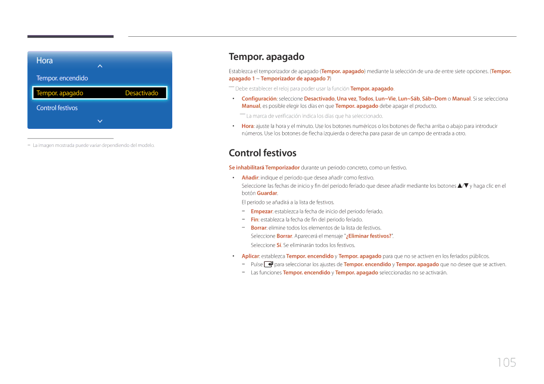 Samsung LH65EDCPLBC/EN, LH75EDCPLBC/EN manual 105, Tempor. apagado, Control festivos, Tempor. encendido 