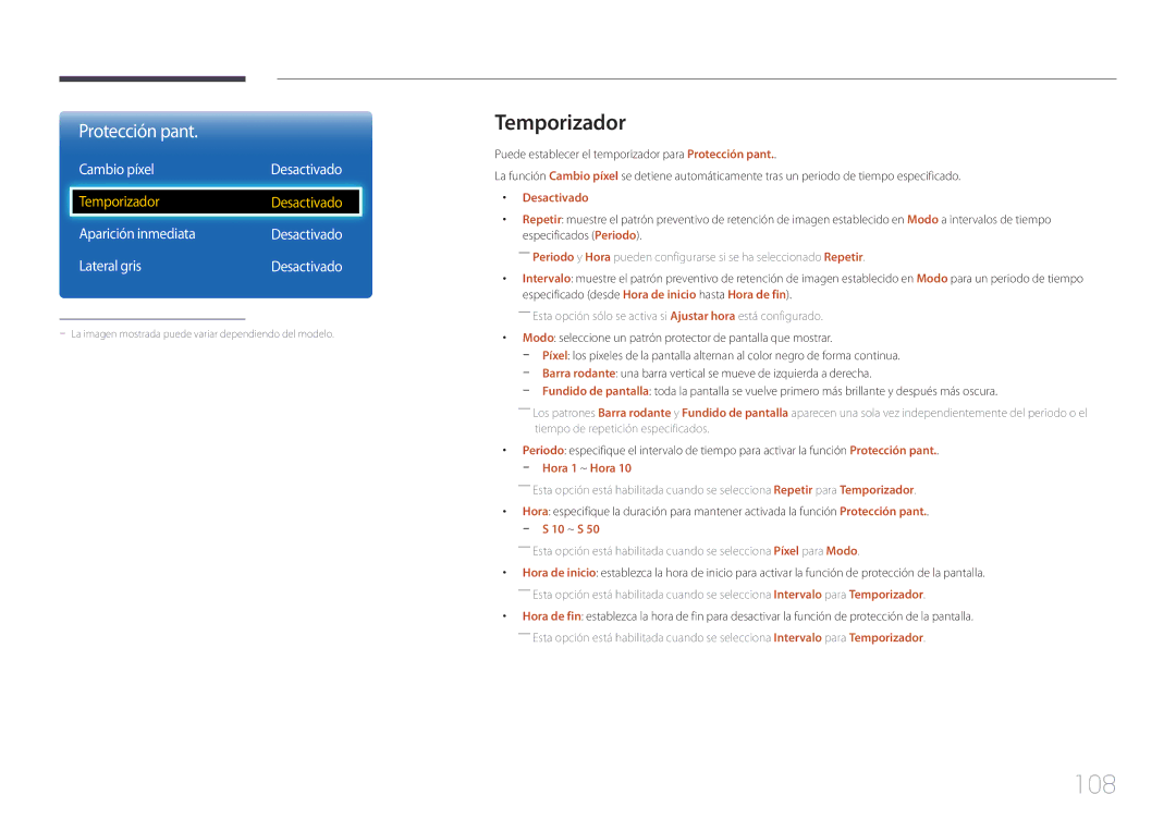 Samsung LH75EDCPLBC/EN, LH65EDCPLBC/EN manual 108, Cambio píxel Desactivado, Aparición inmediata Desactivado Lateral gris 