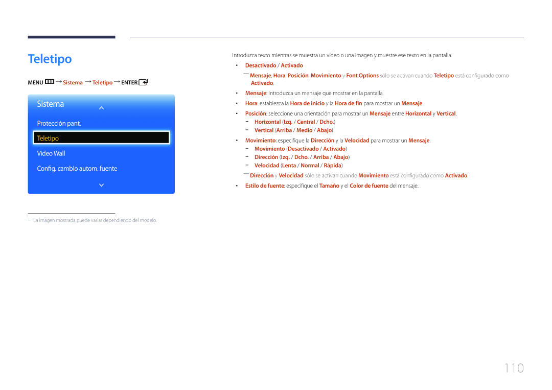 Samsung LH75EDCPLBC/EN, LH65EDCPLBC/EN 110, Video Wall Config. cambio autom. fuente, Menu m Sistema Teletipo Enter 