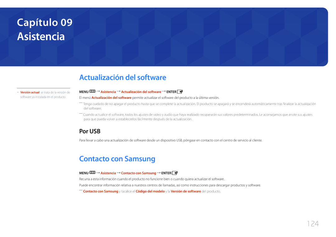 Samsung LH75EDCPLBC/EN, LH65EDCPLBC/EN manual Asistencia, Actualización del software, Contacto con Samsung, 124, Por USB 