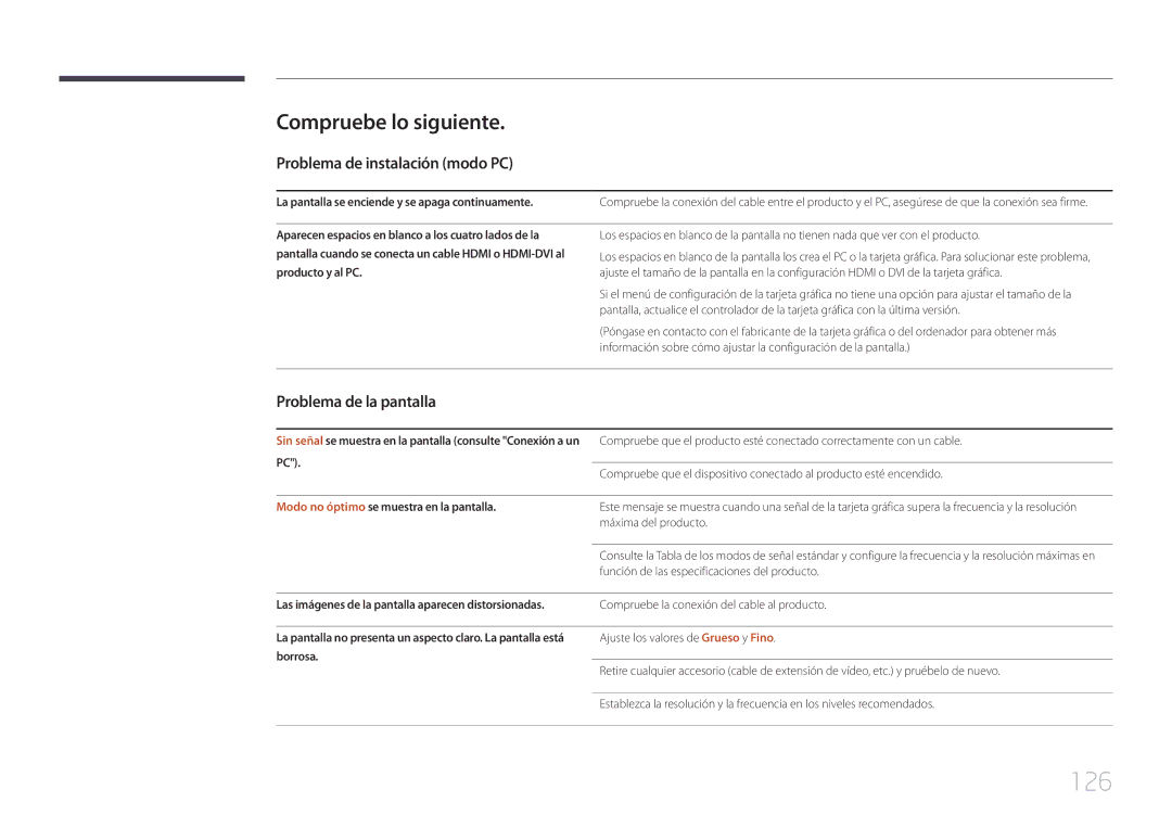 Samsung LH75EDCPLBC/EN manual 126, Compruebe lo siguiente, Problema de instalación modo PC, Problema de la pantalla 