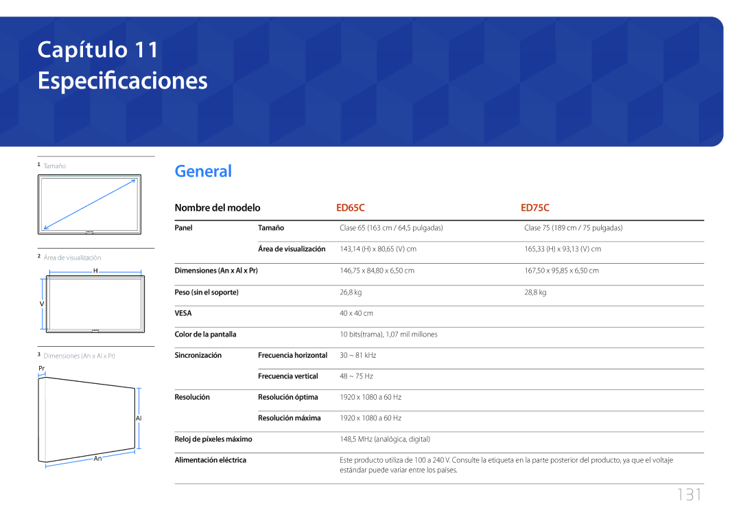 Samsung LH65EDCPLBC/EN, LH75EDCPLBC/EN manual Especificaciones, 131 