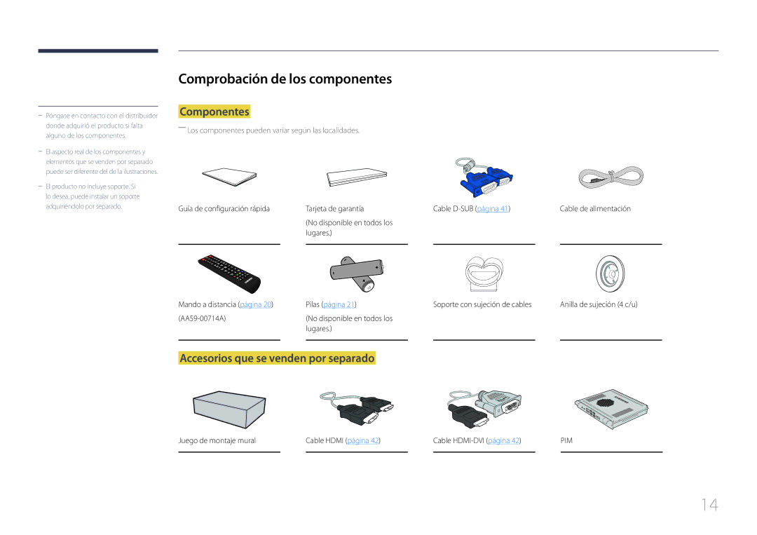 Samsung LH75EDCPLBC/EN, LH65EDCPLBC/EN Comprobación de los componentes, Componentes, Accesorios que se venden por separado 