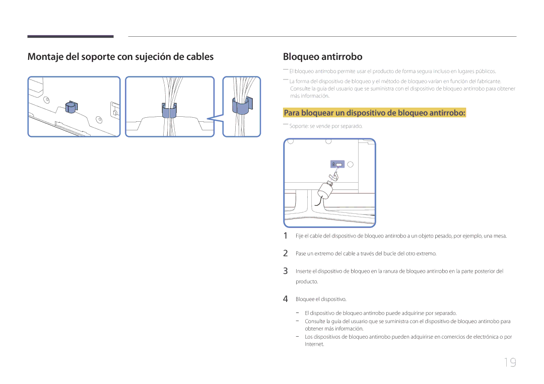 Samsung LH65EDCPLBC/EN manual Montaje del soporte con sujeción de cables, Para bloquear un dispositivo de bloqueo antirrobo 