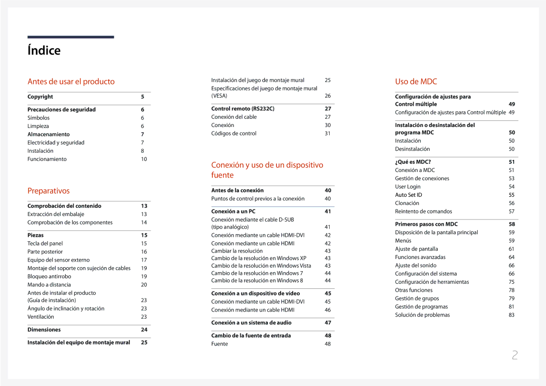 Samsung LH75EDCPLBC/EN, LH65EDCPLBC/EN manual Índice 