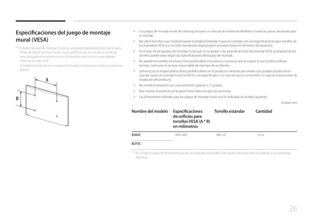Samsung LH75EDCPLBC/EN, LH65EDCPLBC/EN manual Especificaciones del juego de montaje mural Vesa, En milímetros 