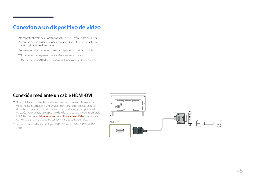 Samsung LH65EDCPLBC/EN, LH75EDCPLBC/EN manual Conexión a un dispositivo de vídeo, Conexión mediante un cable HDMI-DVI 