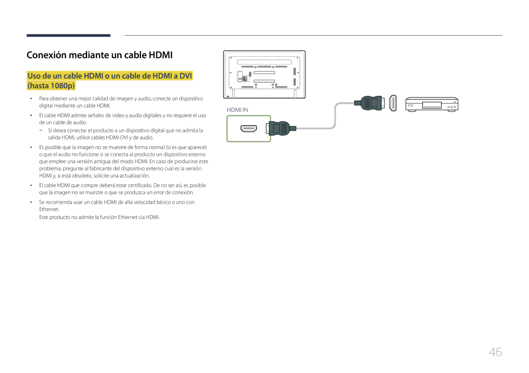 Samsung LH75EDCPLBC/EN, LH65EDCPLBC/EN manual Uso de un cable Hdmi o un cable de Hdmi a DVI hasta 1080p 