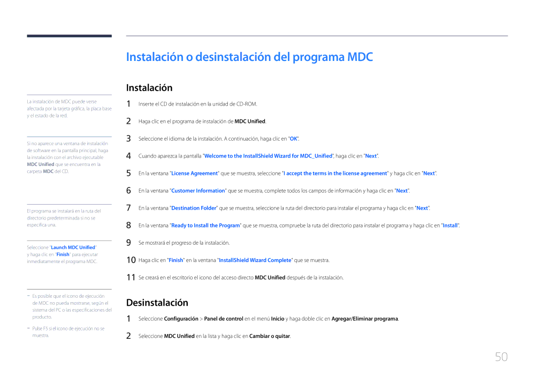 Samsung LH75EDCPLBC/EN, LH65EDCPLBC/EN manual Instalación o desinstalación del programa MDC, Desinstalación 