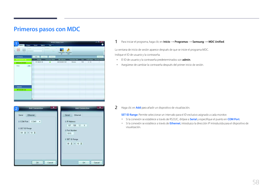 Samsung LH75EDCPLBC/EN, LH65EDCPLBC/EN manual Primeros pasos con MDC 