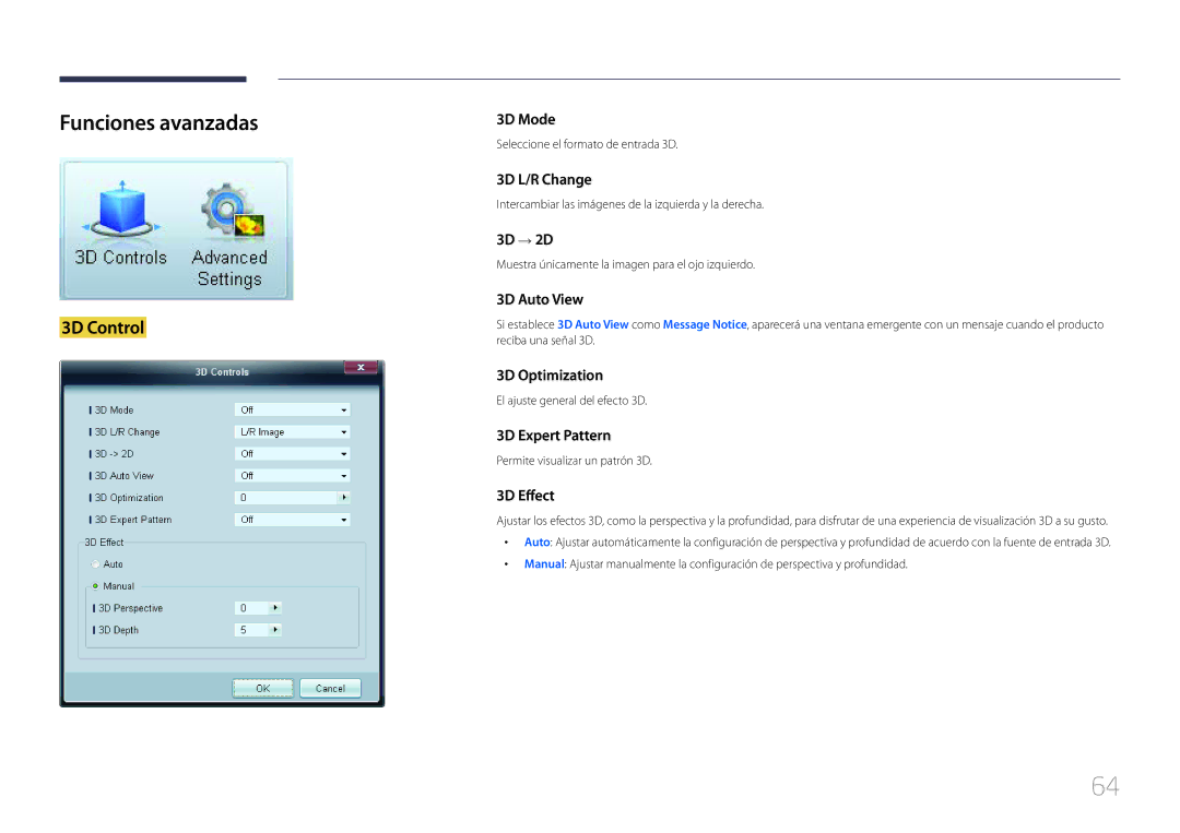 Samsung LH75EDCPLBC/EN, LH65EDCPLBC/EN manual Funciones avanzadas, 3D Control 