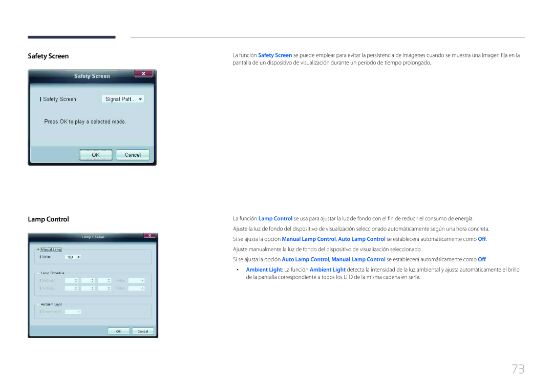 Samsung LH65EDCPLBC/EN, LH75EDCPLBC/EN manual Safety Screen Lamp Control 