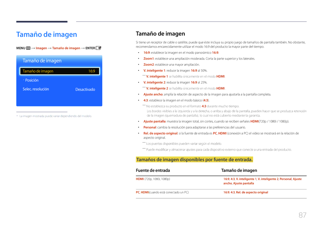 Samsung LH65EDCPLBC/EN, LH75EDCPLBC/EN manual Tamaño de imagen, Tamaños de imagen disponibles por fuente de entrada 