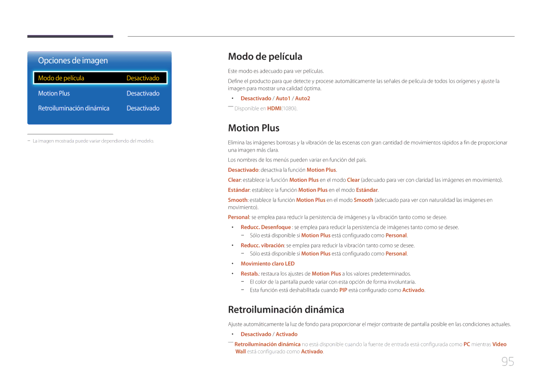 Samsung LH65EDCPLBC/EN, LH75EDCPLBC/EN manual Modo de película, Motion Plus, Retroiluminación dinámica 