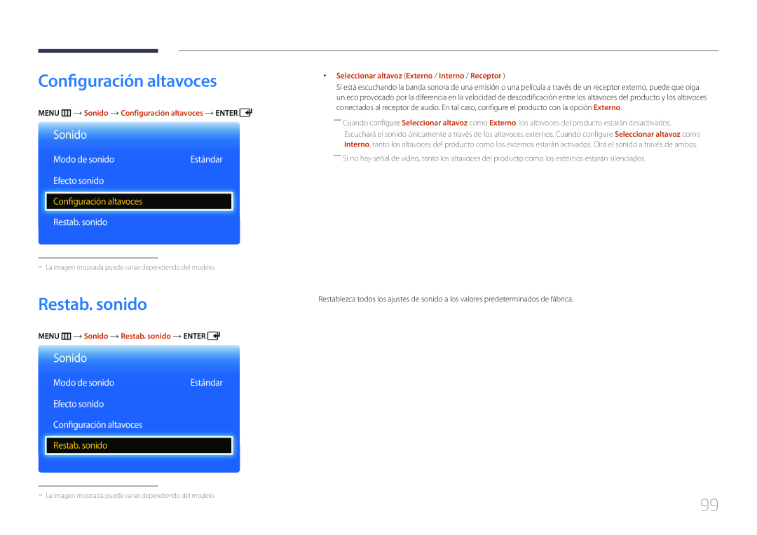 Samsung LH65EDCPLBC/EN, LH75EDCPLBC/EN manual Restab. sonido, Efecto sonido Configuración altavoces 