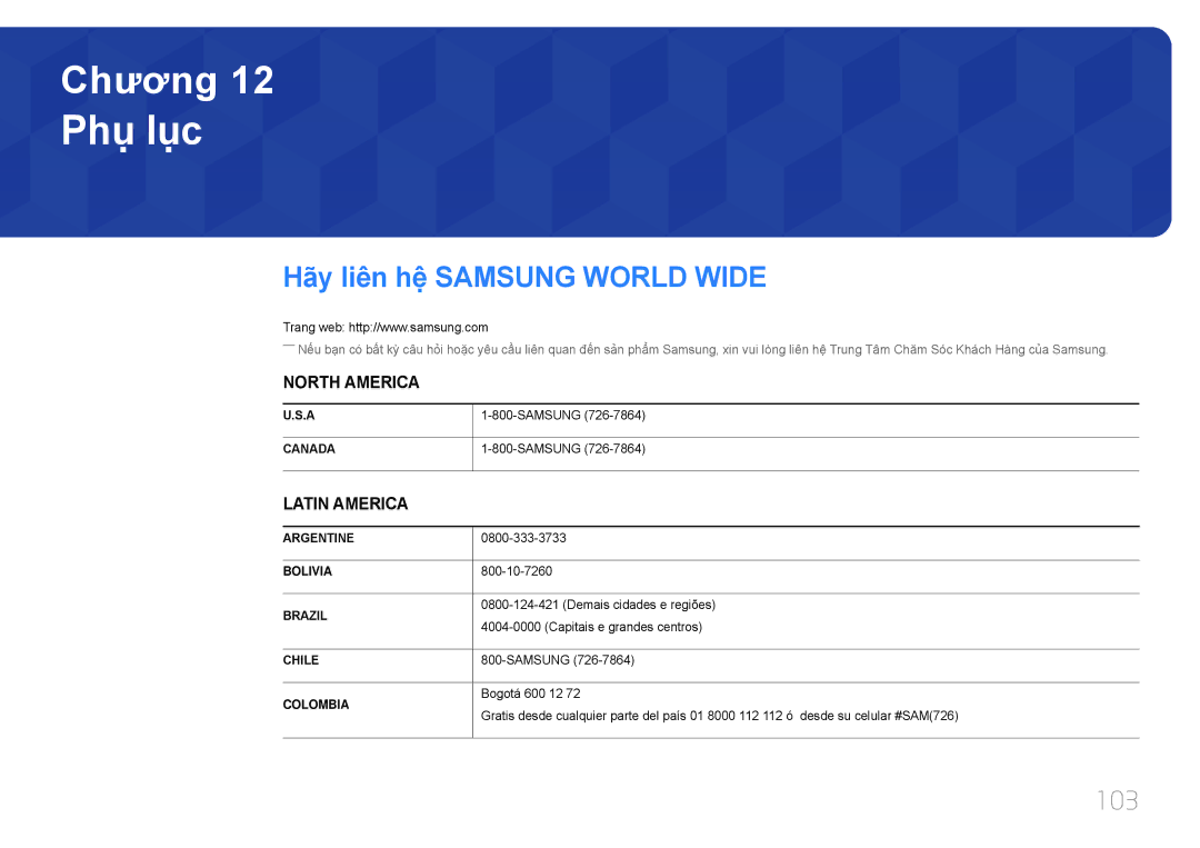 Samsung LH65EDDPLGC/XY, LH75EDDPLGC/XY manual Phu luc, Hãy liên hệ Samsung World Wide, 103 