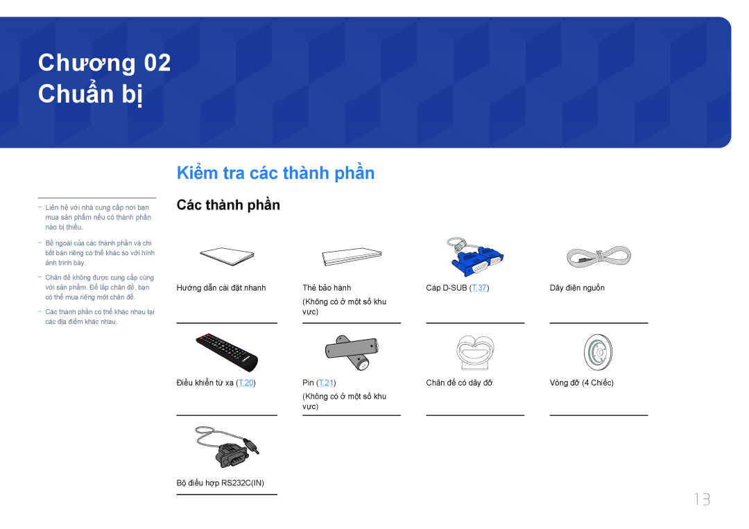 Samsung LH65EDDPLGC/XY, LH75EDDPLGC/XY manual Chuẩn bị̣, Kiểm tra các thà̀nh phần, Các thà̀nh phần 