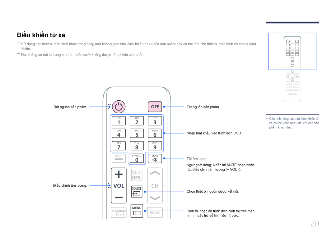 Samsung LH75EDDPLGC/XY, LH65EDDPLGC/XY manual Điề̀u khiển từ̀ xa, Off 