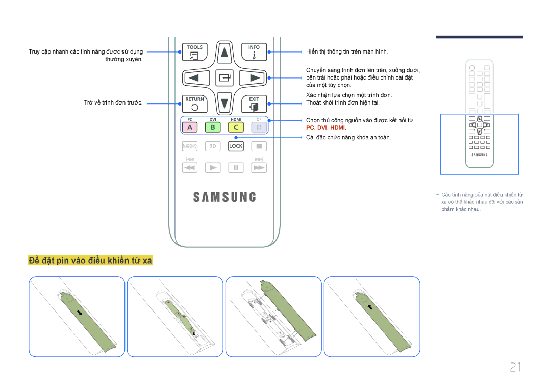 Samsung LH65EDDPLGC/XY, LH75EDDPLGC/XY manual Để đặt pin và̀o điề̀u khiển từ̀ xa, C D 