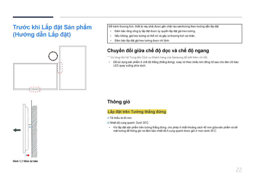 Samsung LH75EDDPLGC/XY manual Chuyển đổi giữ̃a chế độ dọ̣c và̀ chế độ ngang, Thông gió́, Lắp đặt trên Tườ̀ng thẳng đứng 