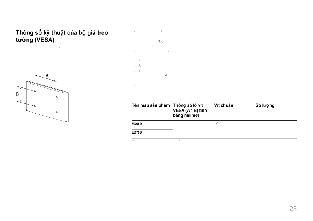 Samsung LH65EDDPLGC/XY, LH75EDDPLGC/XY manual Thông sô kỹ thuât của bô gia treo tường Vesa, ED75D 
