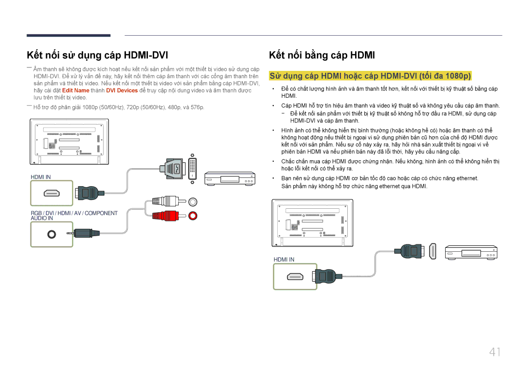 Samsung LH65EDDPLGC/XY, LH75EDDPLGC/XY manual Kết nối sử dụng cáp HDMI-DVI, Sư dung cap Hdmi hoăc cap HDMI-DVI tôi đa 1080p 