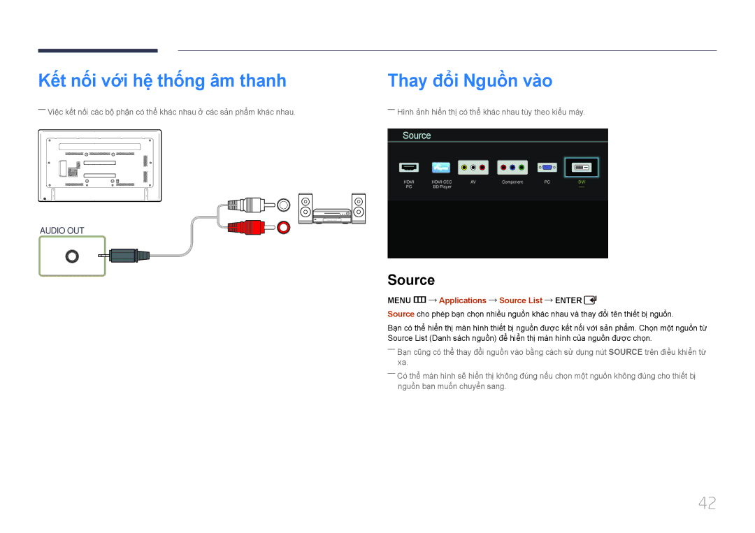 Samsung LH75EDDPLGC/XY Kêt nôi vơi hê thông âm thanh, Thay đôi Nguồn vào, Menu m Applications Source List Enter 