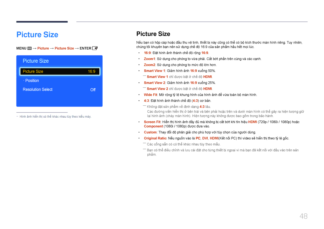 Samsung LH75EDDPLGC/XY, LH65EDDPLGC/XY manual · Position Resolution Select Off, Menu m Picture Picture Size Enter 