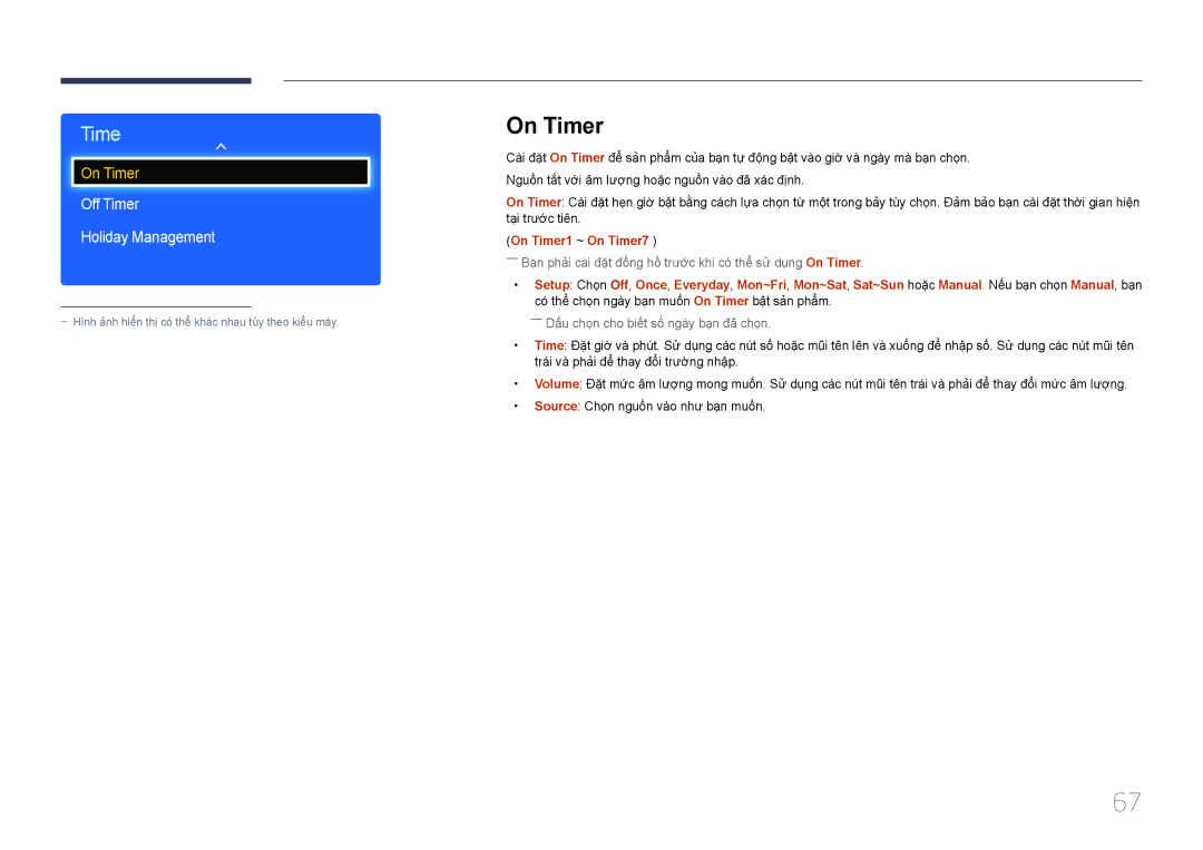 Samsung LH65EDDPLGC/XY, LH75EDDPLGC/XY manual Off Timer Holiday Management, On Timer1 ~ On Timer7 