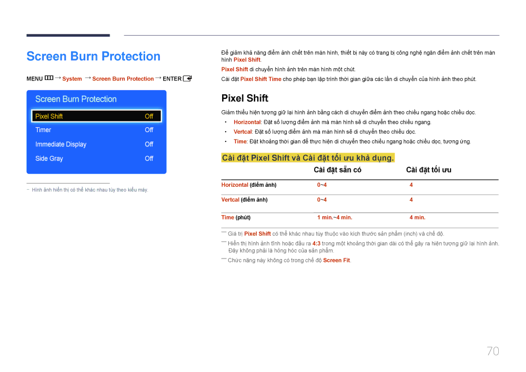 Samsung LH75EDDPLGC/XY, LH65EDDPLGC/XY manual Screen Burn Protection, Cài đăt Pixel Shift và Cài đăt tôi ưu khả dung 