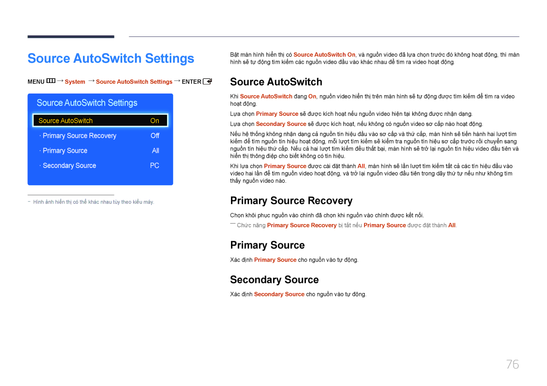 Samsung LH75EDDPLGC/XY, LH65EDDPLGC/XY manual Source AutoSwitch Settings, Primary Source Recovery, Secondary Source 