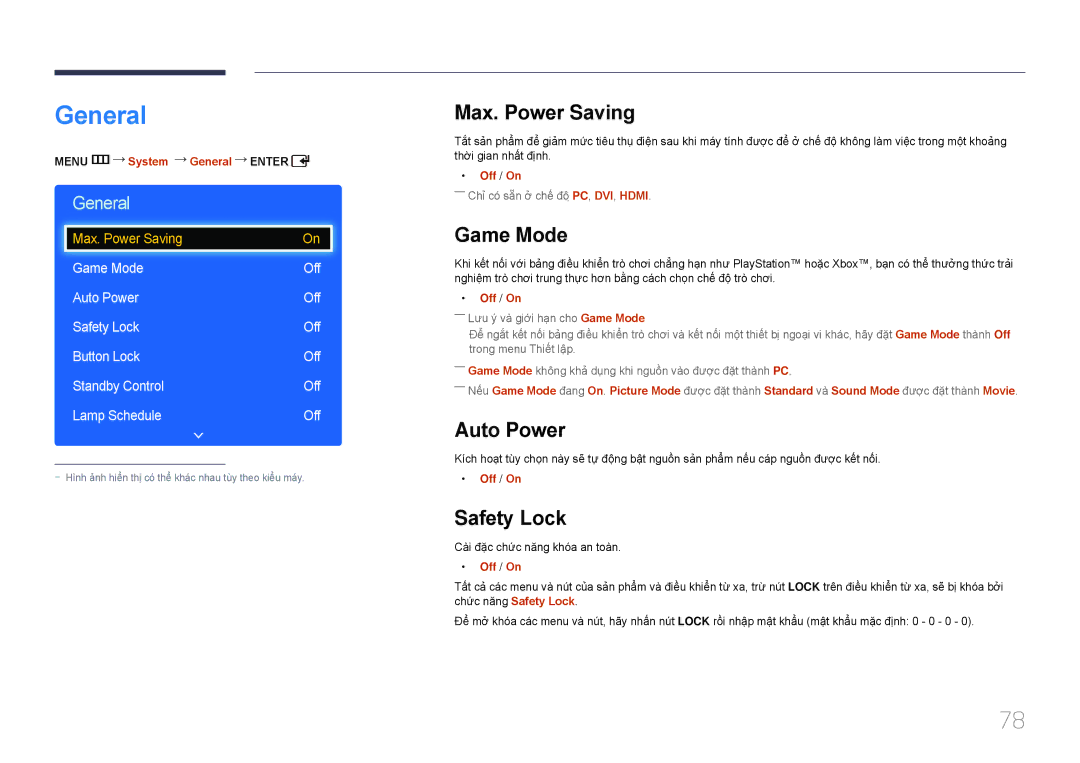 Samsung LH75EDDPLGC/XY, LH65EDDPLGC/XY manual General, Max. Power Saving, Game Mode, Auto Power, Safety Lock 