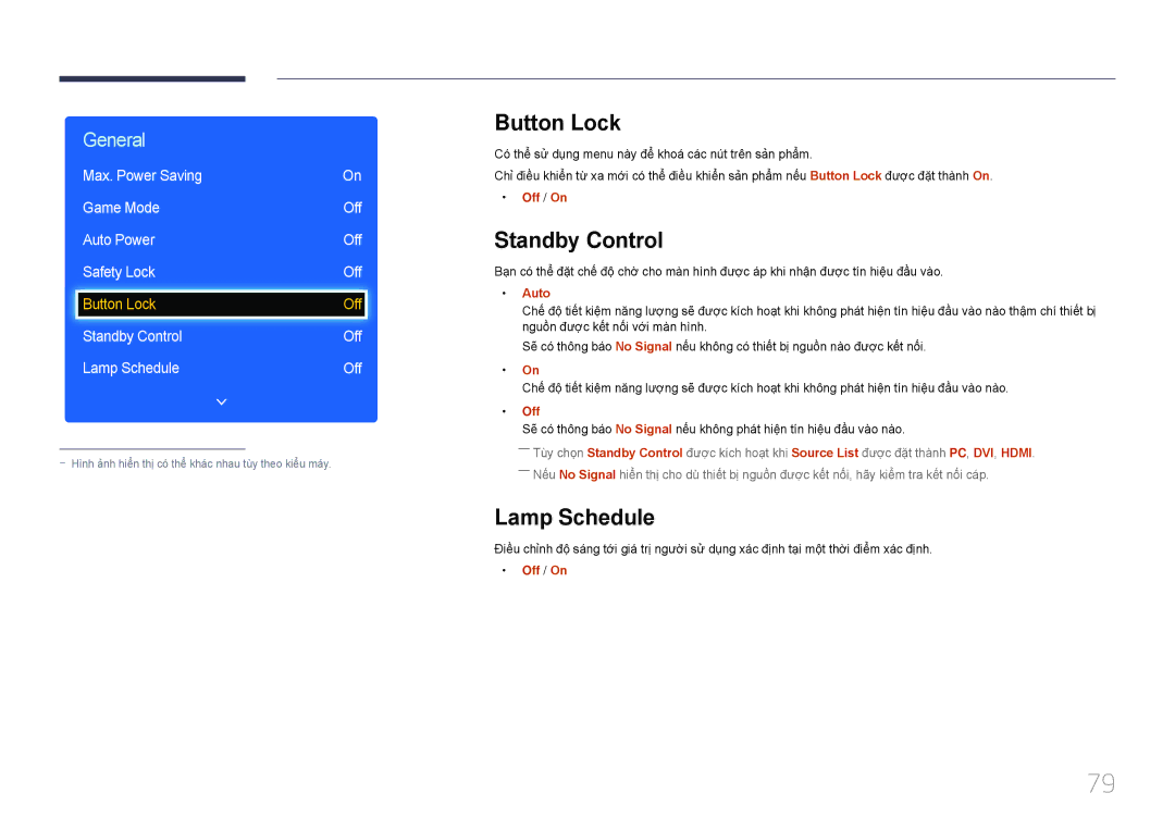 Samsung LH65EDDPLGC/XY, LH75EDDPLGC/XY manual Button Lock, Standby Control, Lamp Schedule, Max. Power Saving Game Mode, Auto 