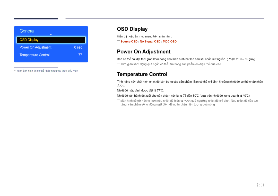 Samsung LH75EDDPLGC/XY, LH65EDDPLGC/XY manual OSD Display, Power On Adjustment Sec Temperature Control 