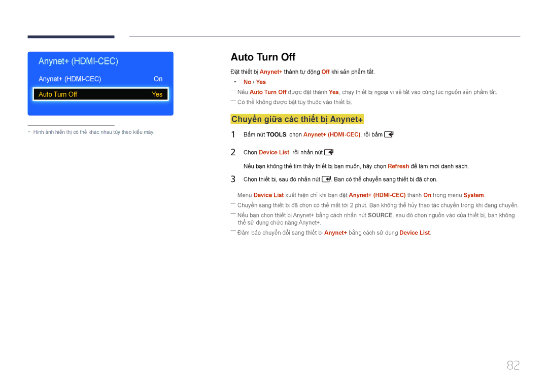Samsung LH75EDDPLGC/XY, LH65EDDPLGC/XY manual Auto Turn Off, Chuyên giữa cac thiêt bị Anynet+, Anynet+ HDMI-CEC, No / Yes 