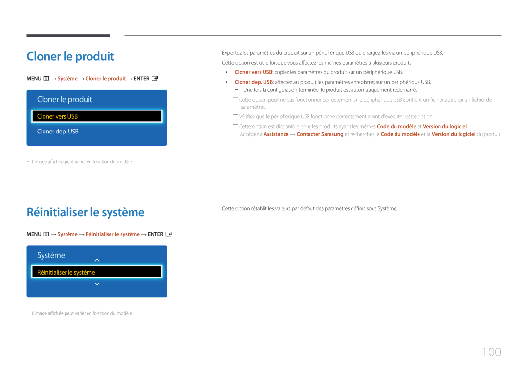 Samsung LH75EDEPLGC/EN, LH40DCEPLGC/EN, LH48DCEPLGC/EN Cloner le produit, Réinitialiser le système, 100, Cloner dep. USB 