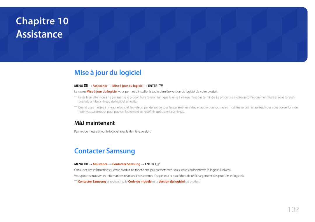 Samsung LH48DCEPLGC/EN, LH75EDEPLGC/EN manual Assistance, Mise à jour du logiciel, Contacter Samsung, 102, MàJ maintenant 