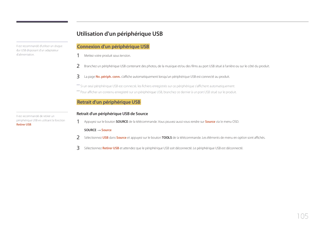 Samsung LH40DCEMLGC/EN 105, Utilisation dun périphérique USB, Connexion dun périphérique USB, Retrait dun périphérique USB 